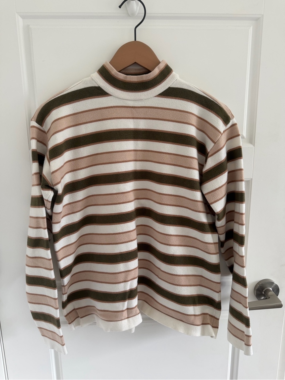 Vero Collection Striped Mock Neck Sweater - Olive, Cream & Tan M